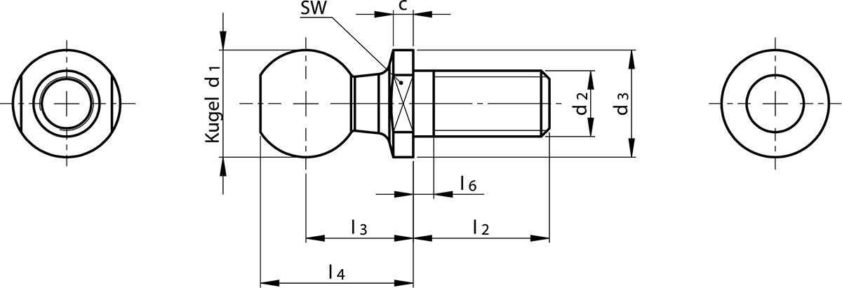 Dimensioned Drawing Ball Pins DIN 71803 Form C with Threaded Pin