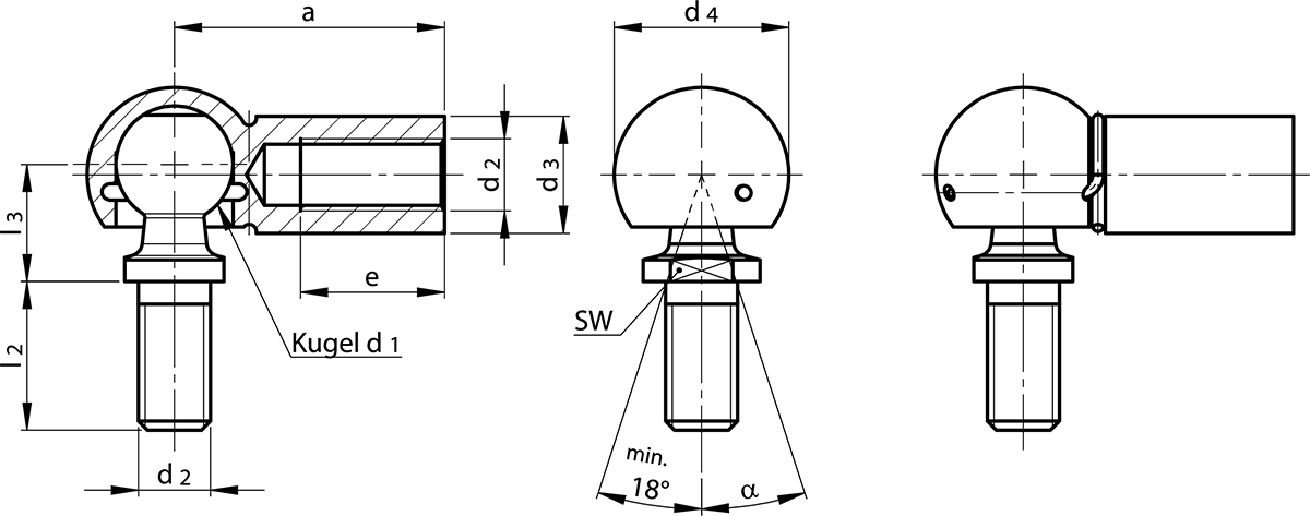 Dimensioned Drawing Angle Joints DIN 71802 Form C / CS with Threaded Pin