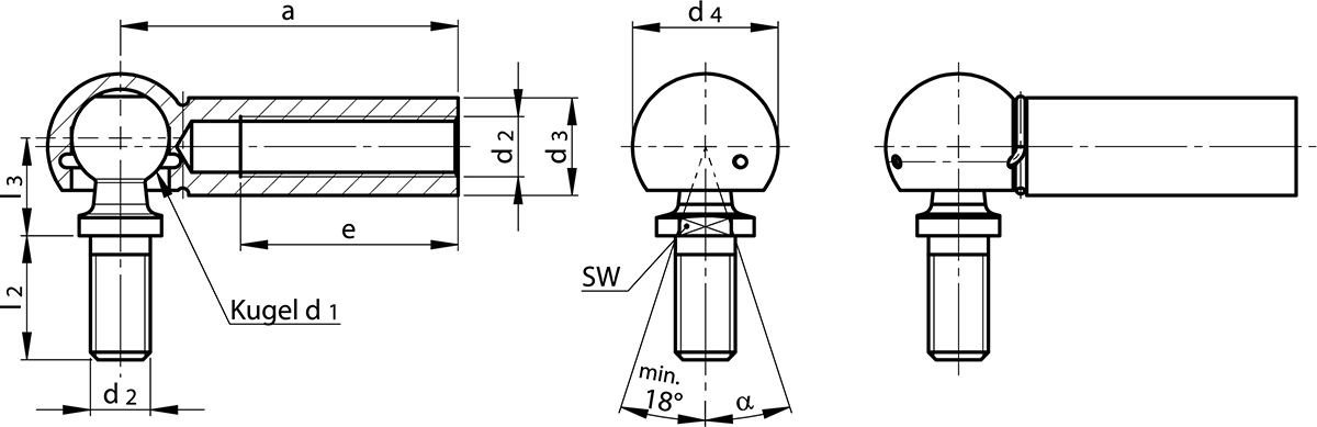 Dimensioned Drawing Angle Joints DIN 71802 Form CS Long Version with Threaded Pin